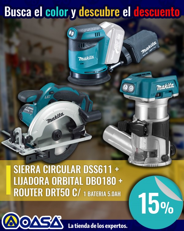 Imagen de SIERRA CIRCULAR DSS611 + LIJADORA ORBITAL DBO180 + ROUTER DRT50 MAKITA